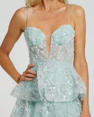 Green Spaghetti Strap Applique Tiered Ruffle Gown