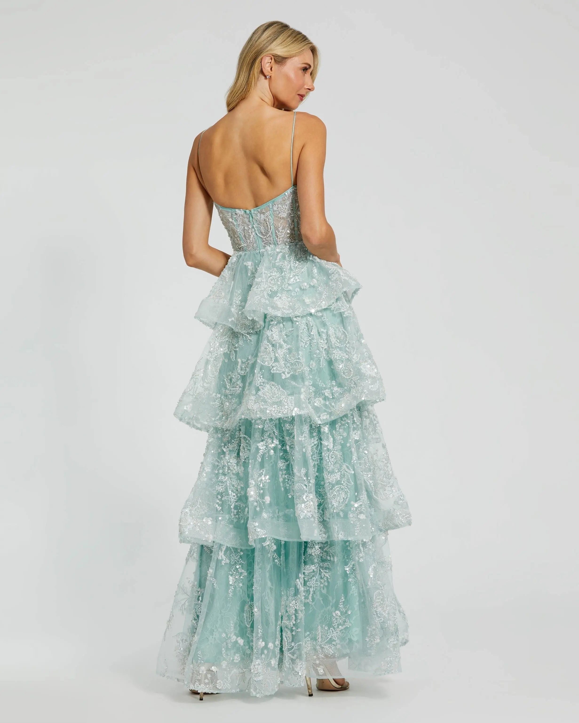 Green Spaghetti Strap Applique Tiered Ruffle Gown