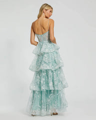 Green Spaghetti Strap Applique Tiered Ruffle Gown