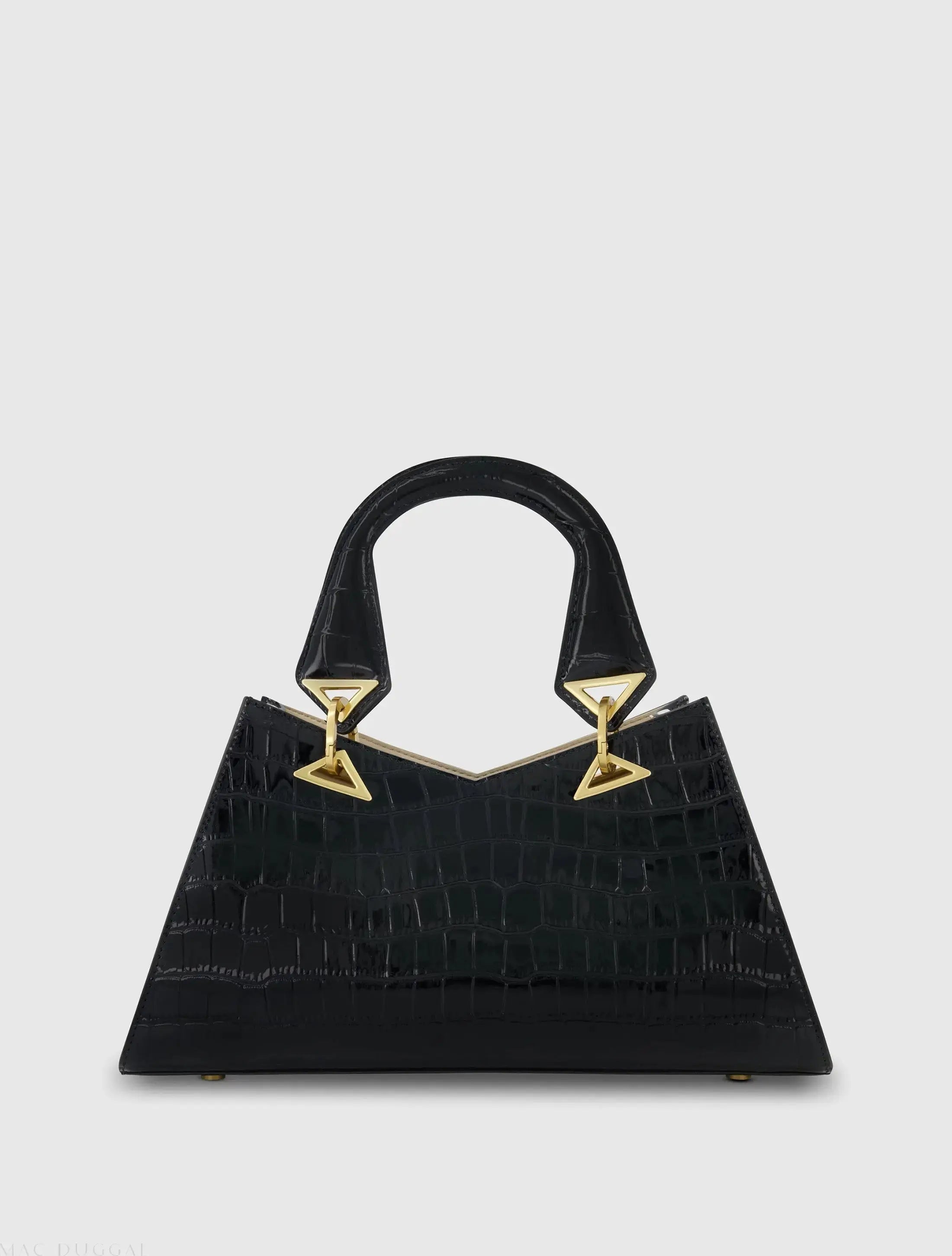 Black Crocodile Leather Handbag With Gold Hardware