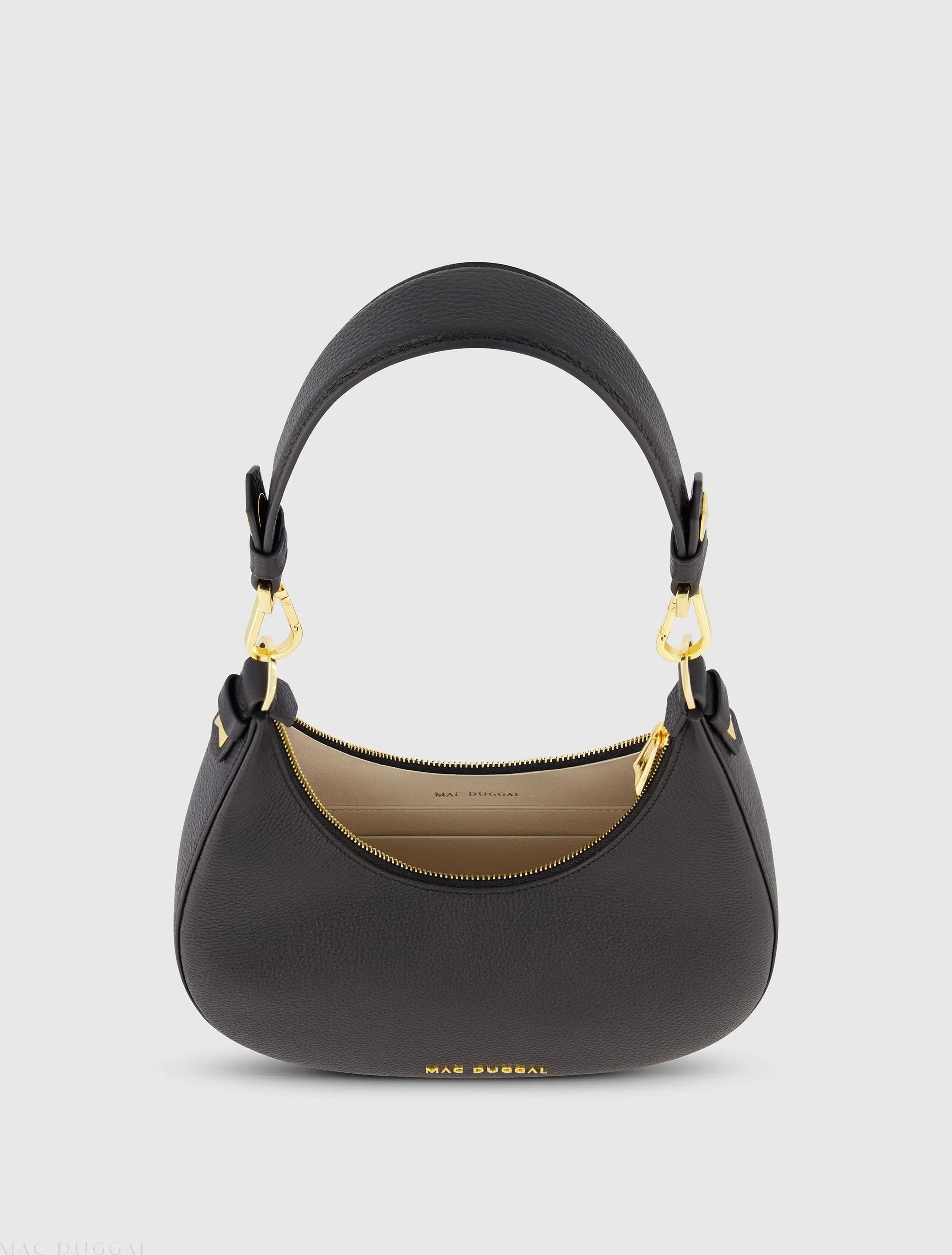 Black Grain Leather Hobo Bag With Gold Hardware