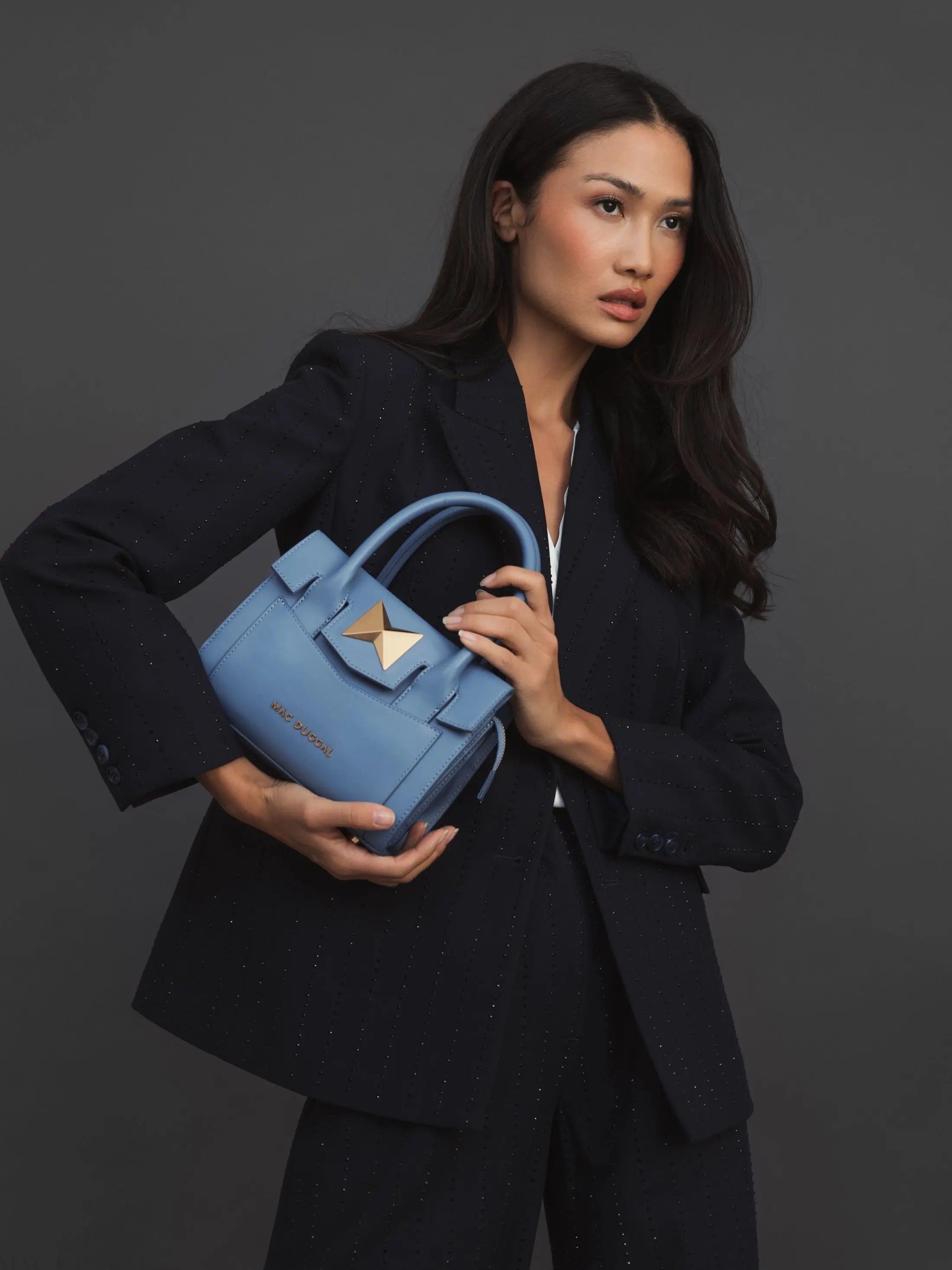 Blue Small Leather Tote Bag With Gold Hardware - FINAL SALE