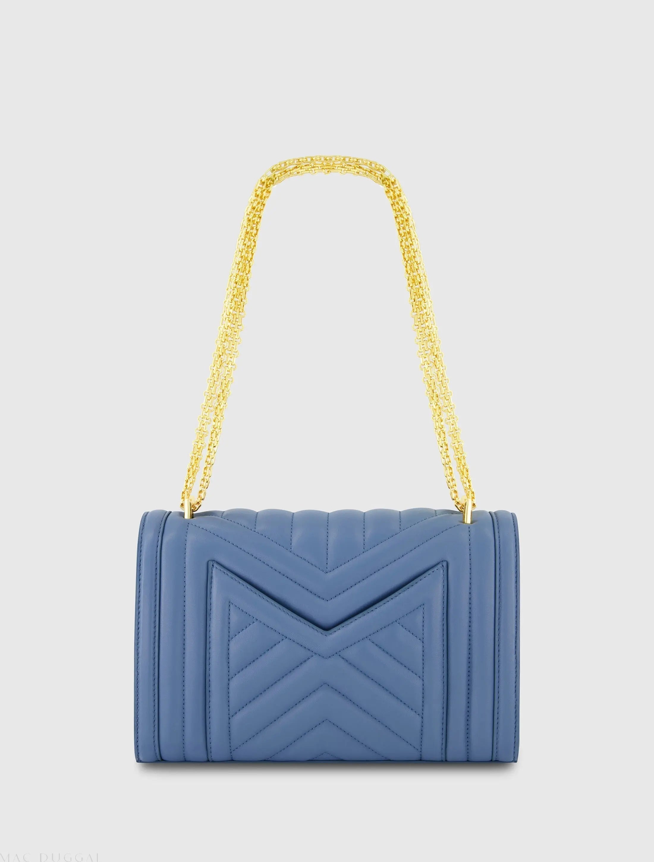 Blue Quilted Napa Leather Handbag With Gold Chain