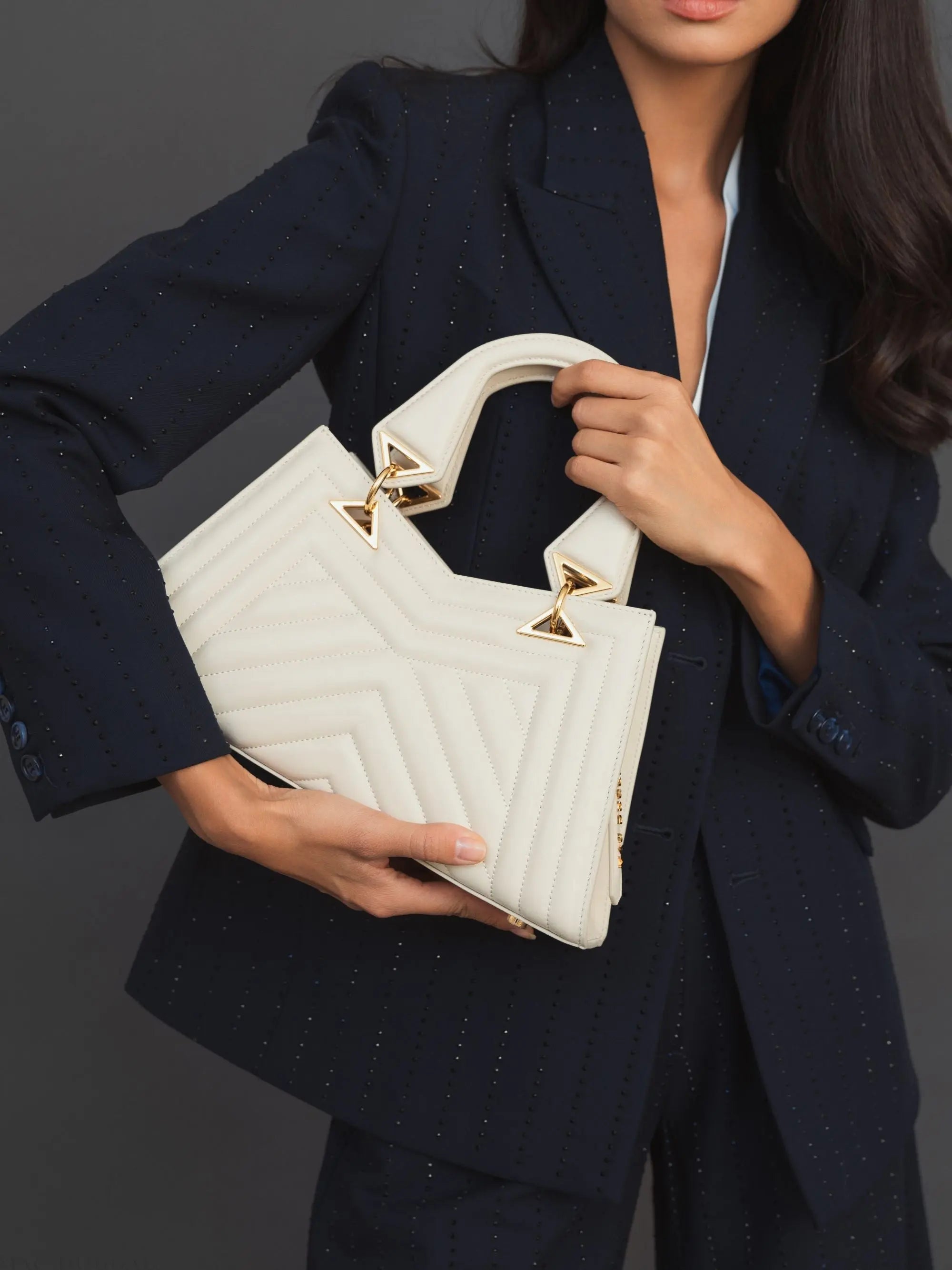 White Quilted Napa Leather Angular Handbag