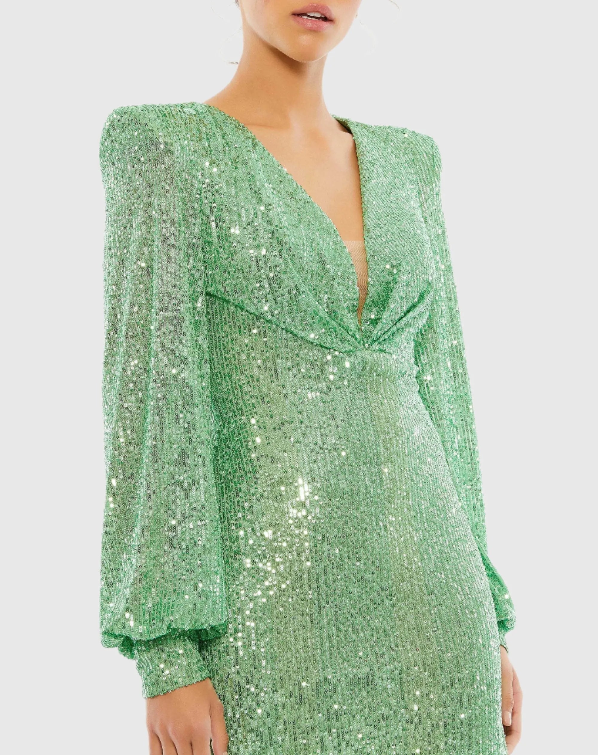 Green Sequined Structured Bishop Sleeve Mini Dress