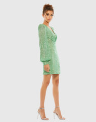Green Sequined Structured Bishop Sleeve Mini Dress