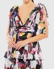 Multicolor Floral Print Ruffled Sleeveless Soft Tie Dress