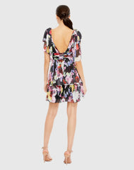 Multicolor Floral Print Ruffled Sleeveless Soft Tie Dress