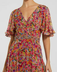 Multicolor Floral Printed Chiffon Flutter Sleeve Gown
