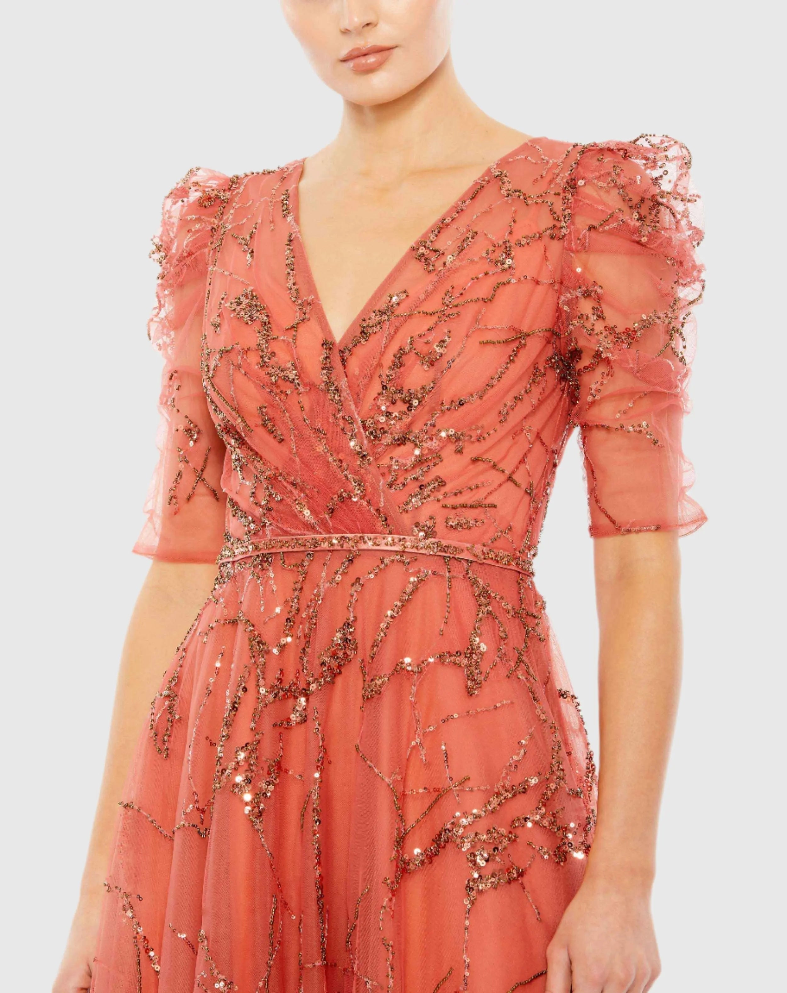 Orange Embellished Gathered Puff Sleeve Faux Wrap Gown