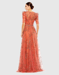 Orange Embellished Gathered Puff Sleeve Faux Wrap Gown