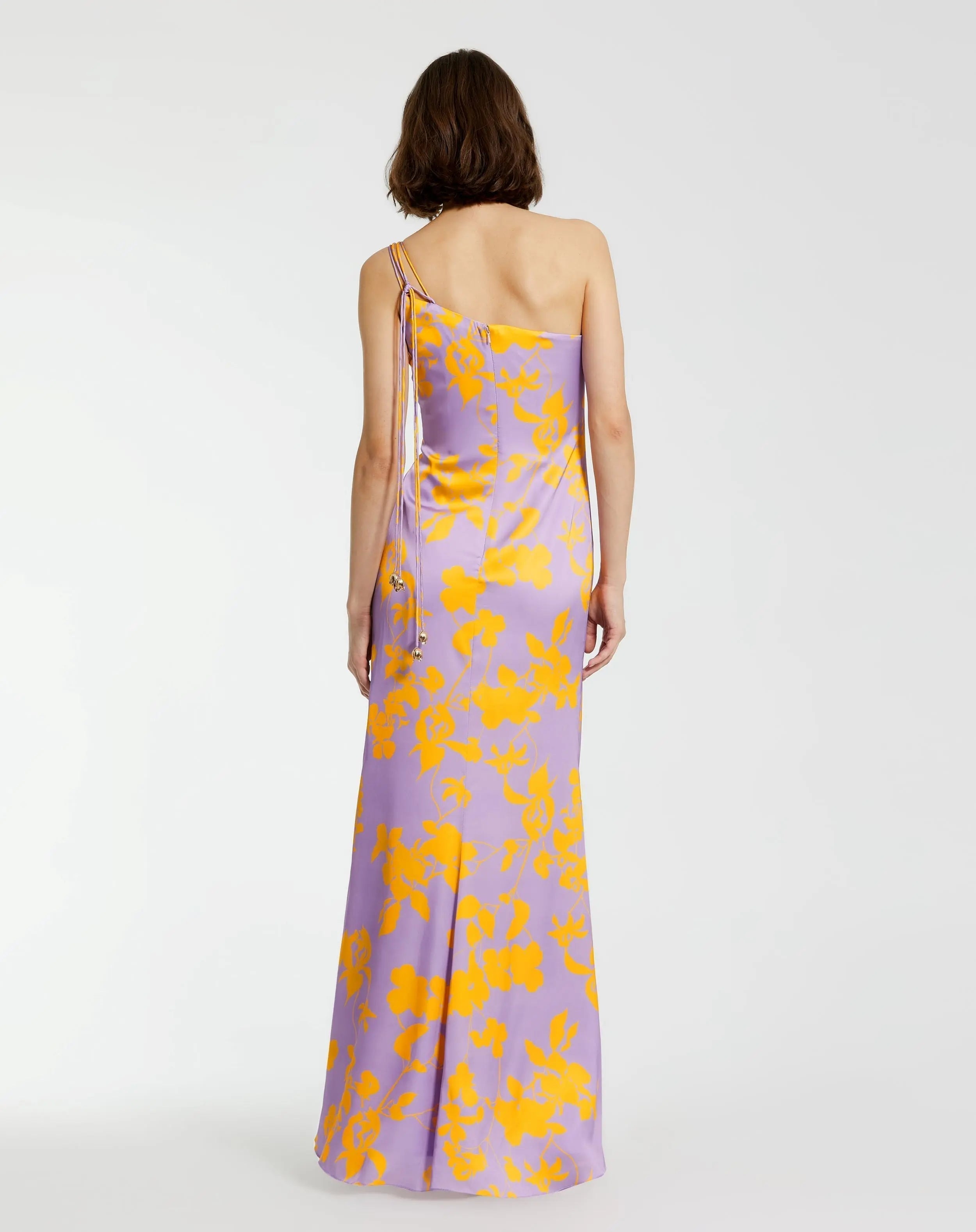 Purple Orchid Floral Printed Charmeuse One Shoulder Maxi Dress With Slit