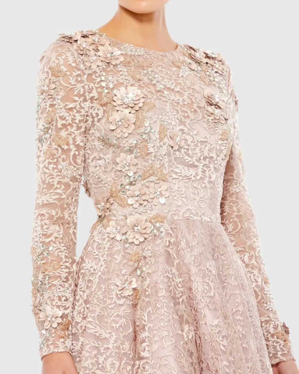 Pink Embellished Illusion Long Sleeve A Line Gown