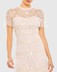 Pink High Neck Mesh Tier Embroidered Dress