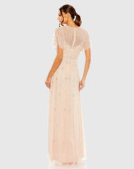 Pink V Neck Embellished Flutter Sleeve A Line Gown