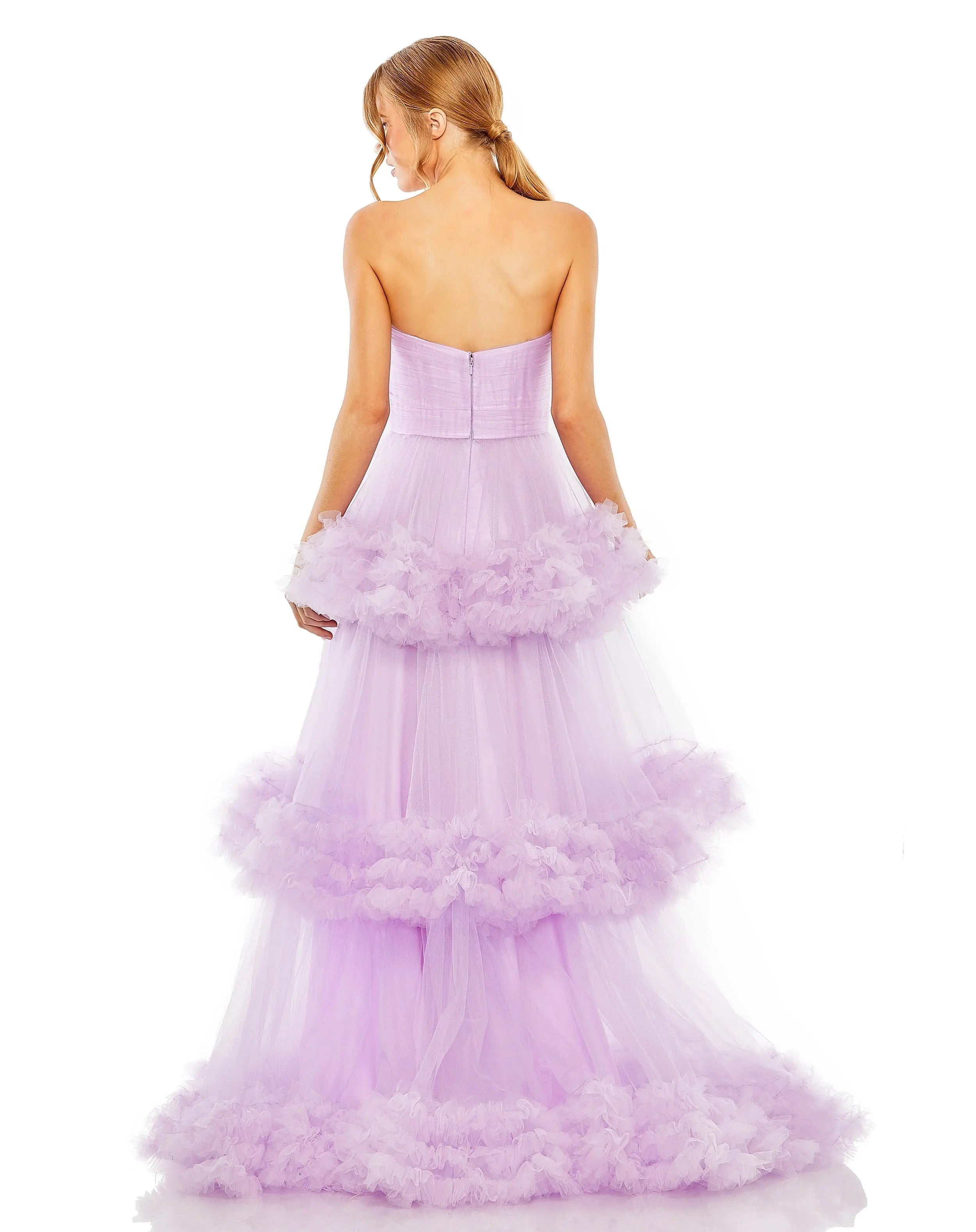 Purple Strapless Ruffle Tulle Tiered Gown