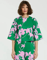 Green Printed Crepe 3/4 Bell Sleeve High Neck Top - FINAL SALE