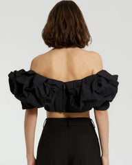 Black Faille Off The Shoulder Bustier Ruffle Top - FINAL SALE