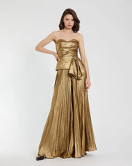 Gold Metallic Lamé Strapless Wrap Top With Bow Detail