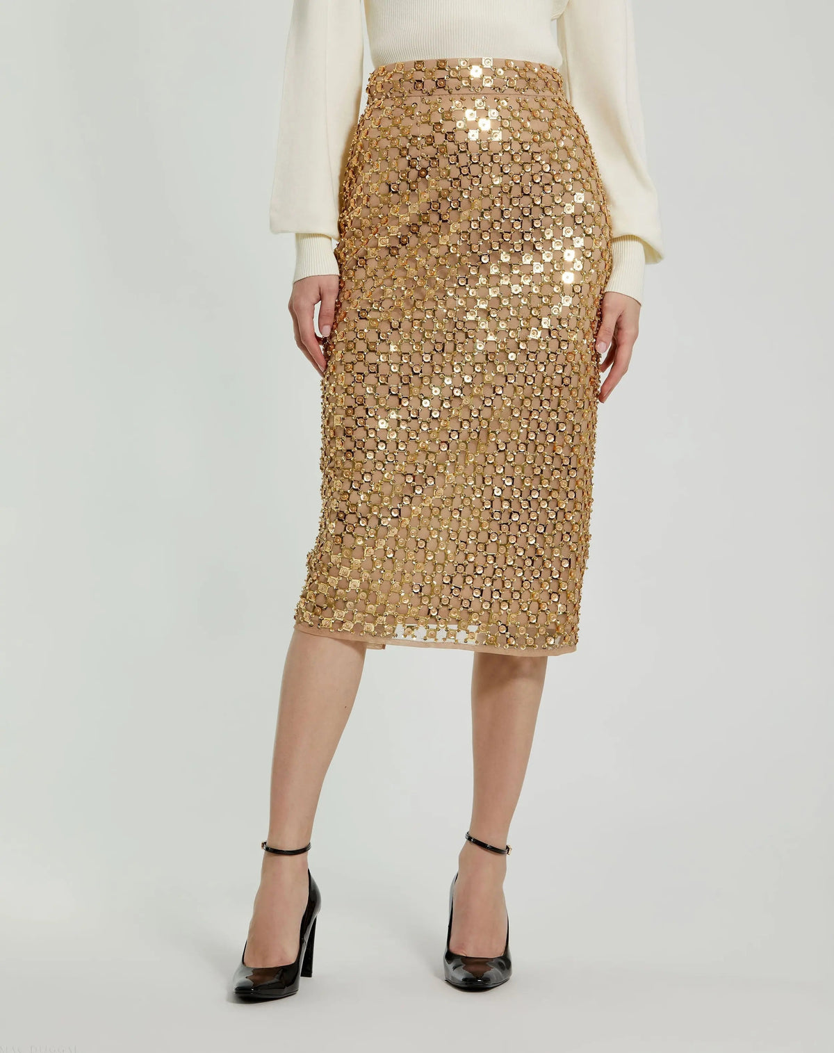 Gold Georgette Embellished Fitted Midi Pencil Skirt