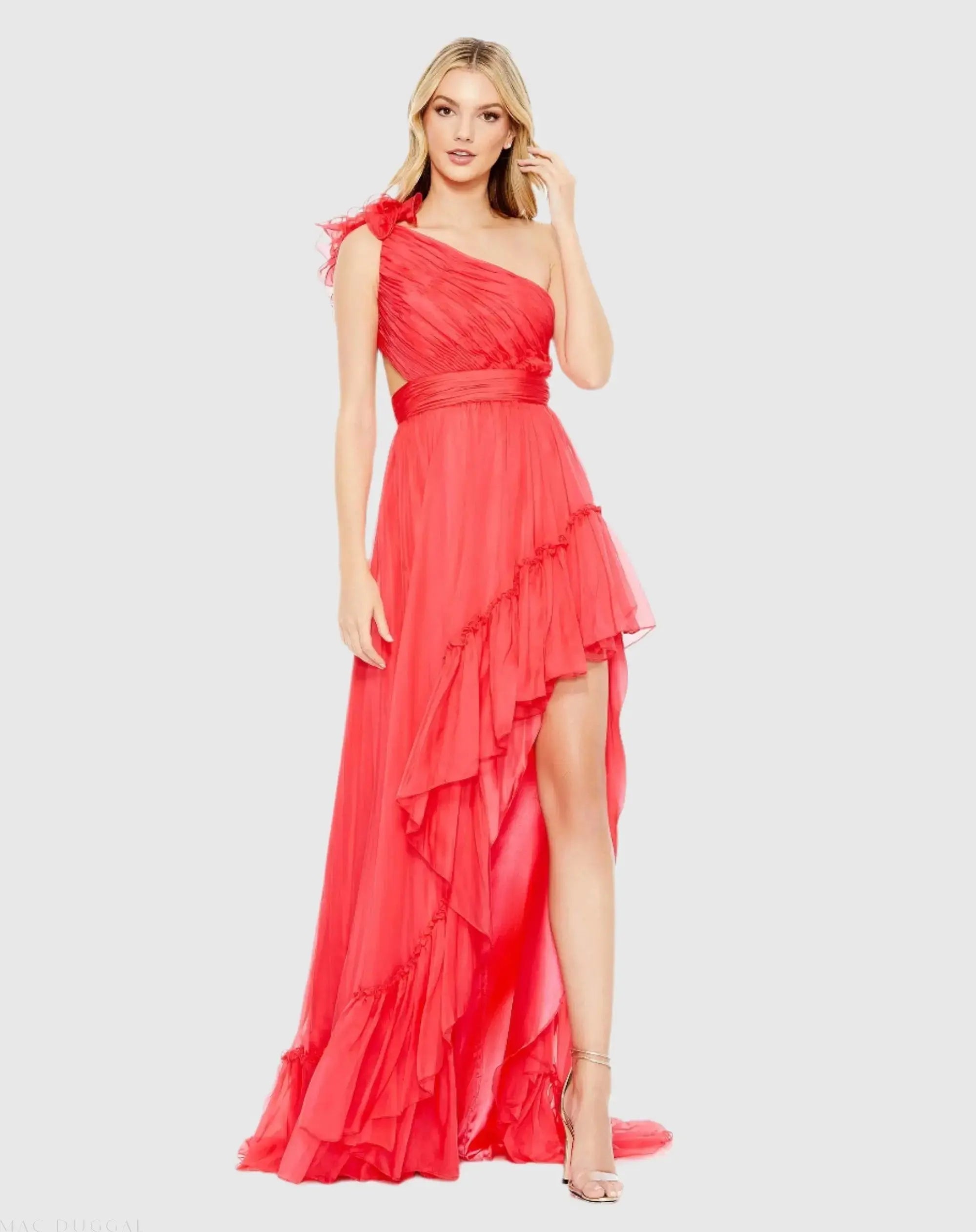 Ruffled One Shoulder Asymmetrical Gown