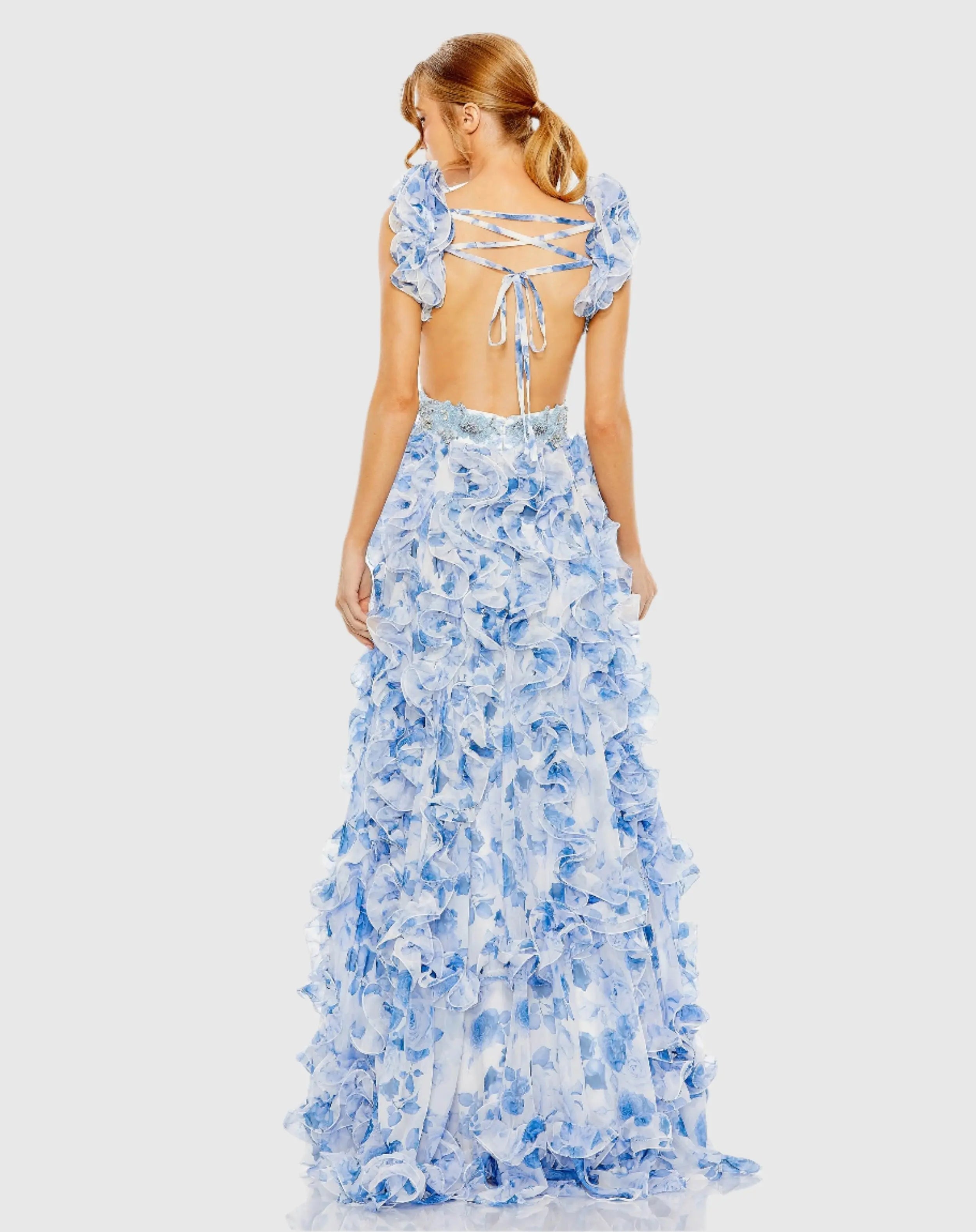 Blue Ruffle Tiered Cap Sleeve Cut Out Open Back Gown
