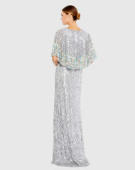 Silver Sequined V Neck Floral Embellished Cape Sleeve Gown