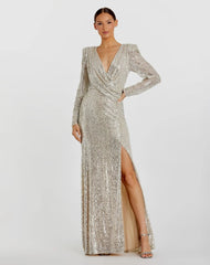 Silver Sequined Long Sleeve Faux Wrap Ruched Gown