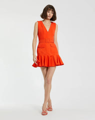 Orange Sleeveless Crepe Mini Dress With Belt And Front Pockets