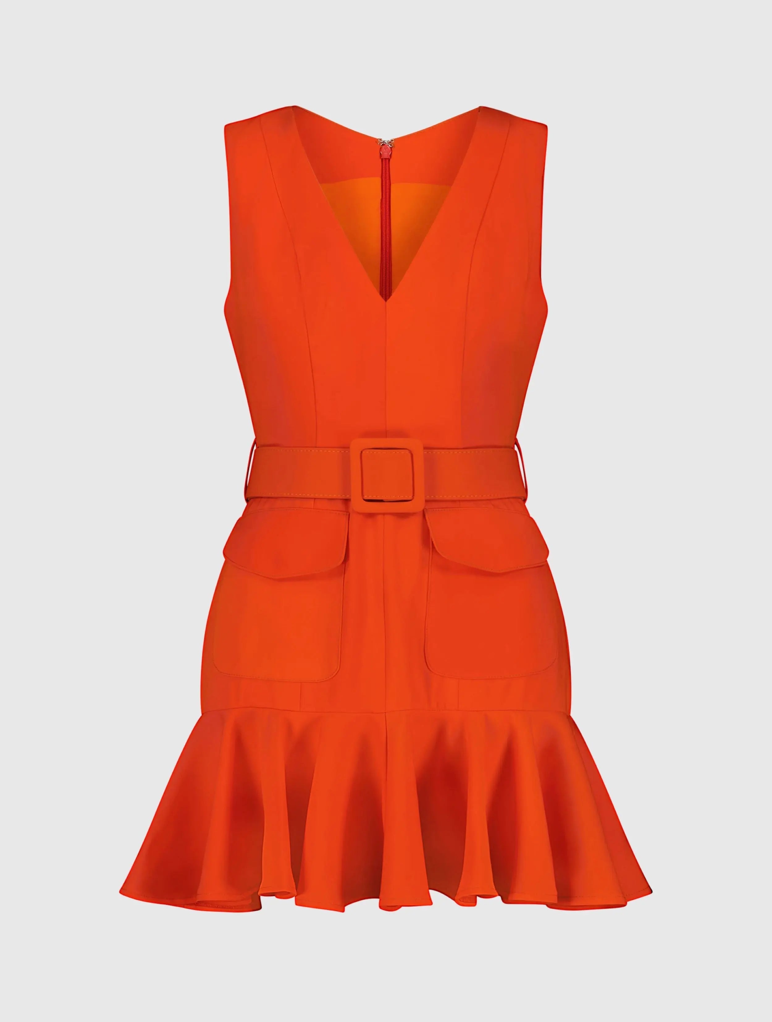 Orange Sleeveless Crepe Mini Dress With Belt And Front Pockets