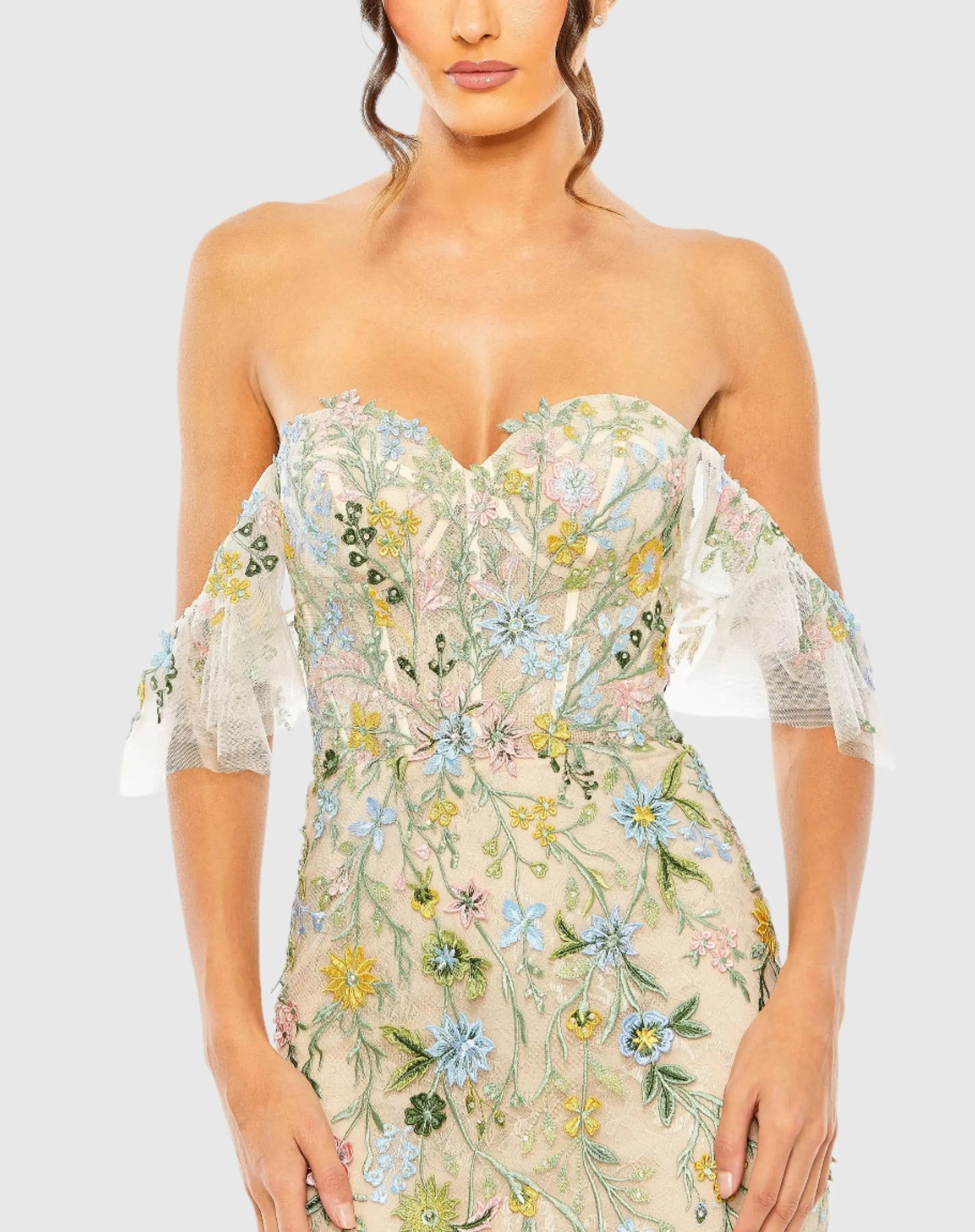 Beige Sweetheart Flutter Sleeve Floral Gown