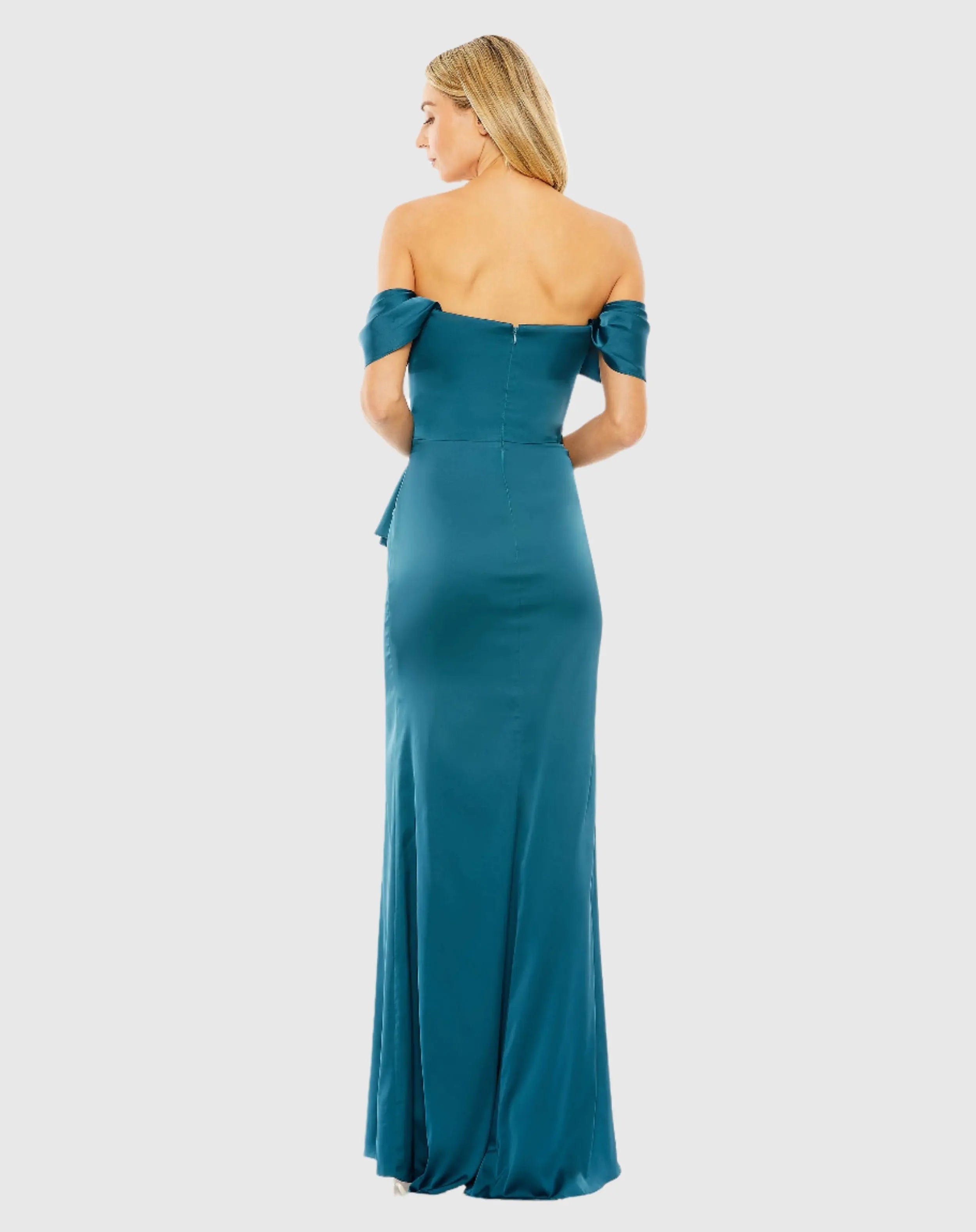 Teal Off The Shoulder Bustier Construction Ruched Gown