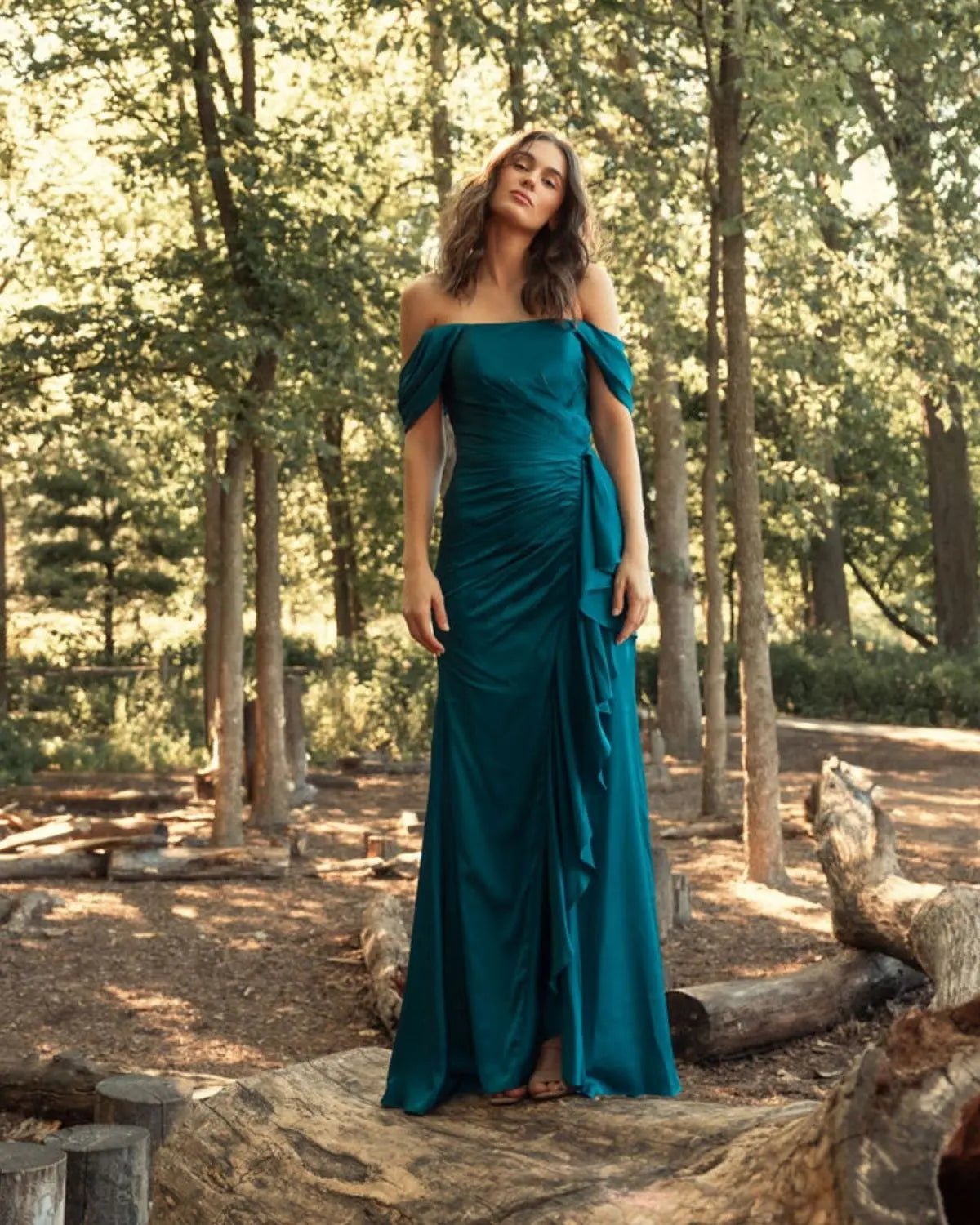 Teal Off The Shoulder Bustier Construction Ruched Gown