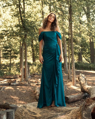 Teal Off The Shoulder Bustier Construction Ruched Gown