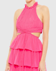 Pink Tiered Ruffle Pleated High Neck Gown with Cut Outs