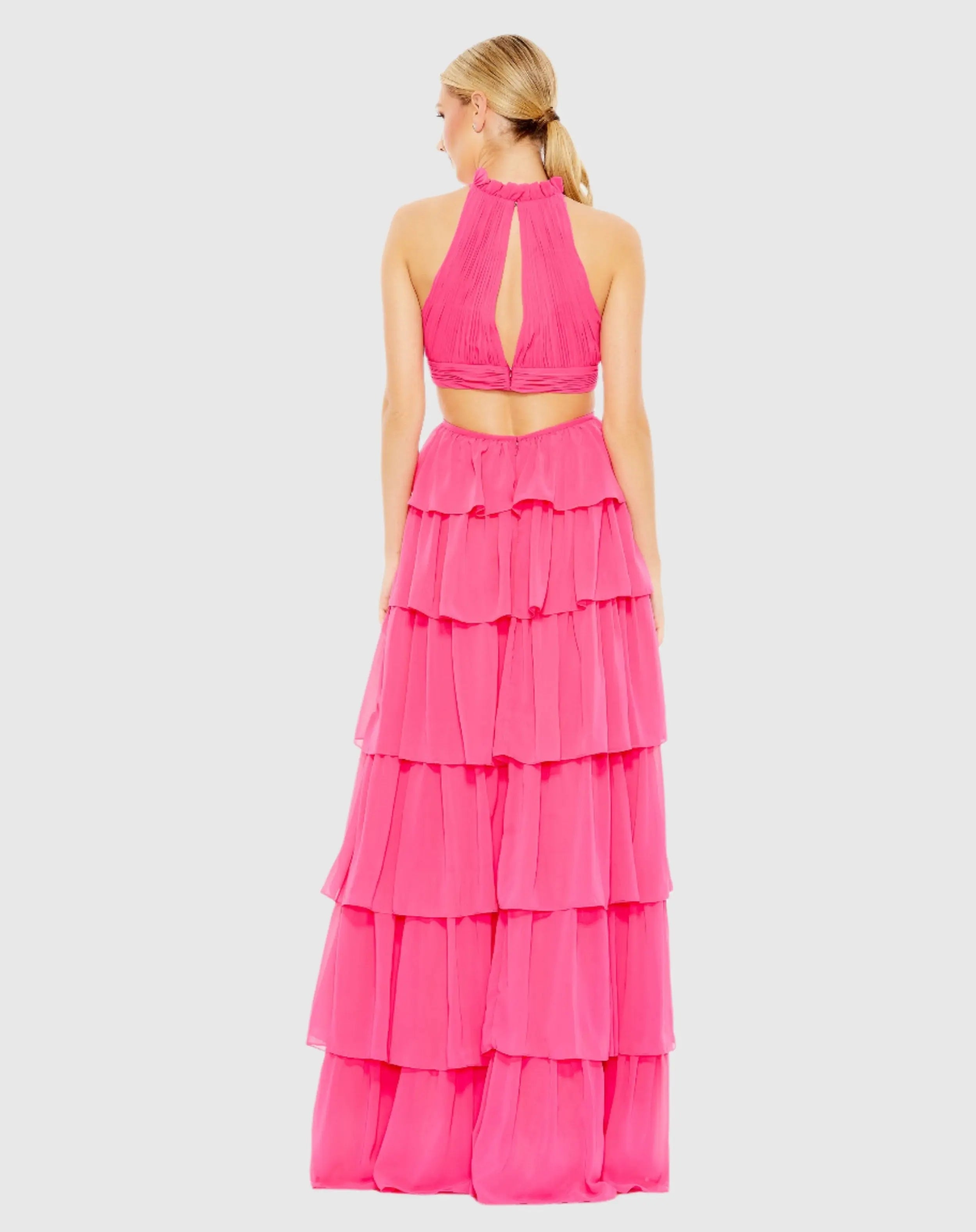 Pink Tiered Ruffle Pleated High Neck Gown with Cut Outs