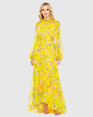 Yellow Floral Print Chiffon Ruched Raglan Sleeve Gown